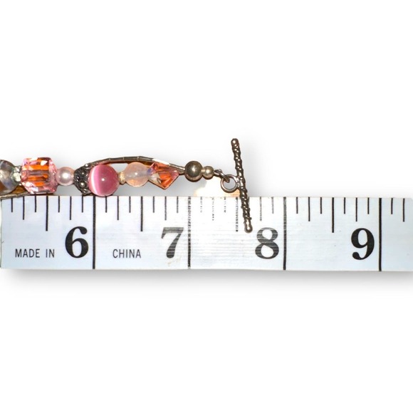 Sterling Silver Breast Cancer Awareness Bracelet Cat's Eye Glass Beads Toggle - Picture 7 of 7